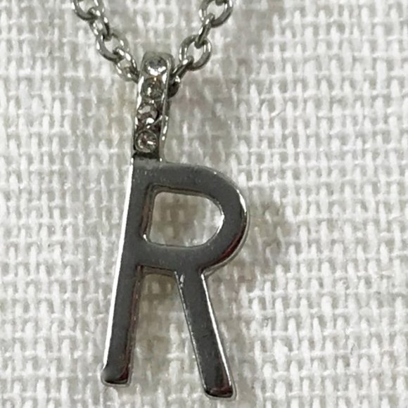 Inital R Pendant Necklace Silver with Rhinestones - Picture 2 of 4